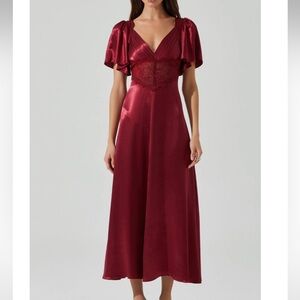 Astr Burgundy Satin Maxi Dress with Lace Bodice